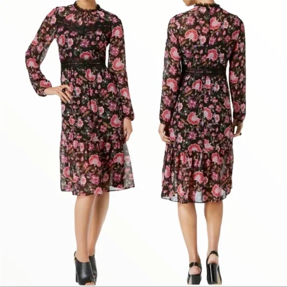 EUC Nine West Floral Black and Pink Lace Dress